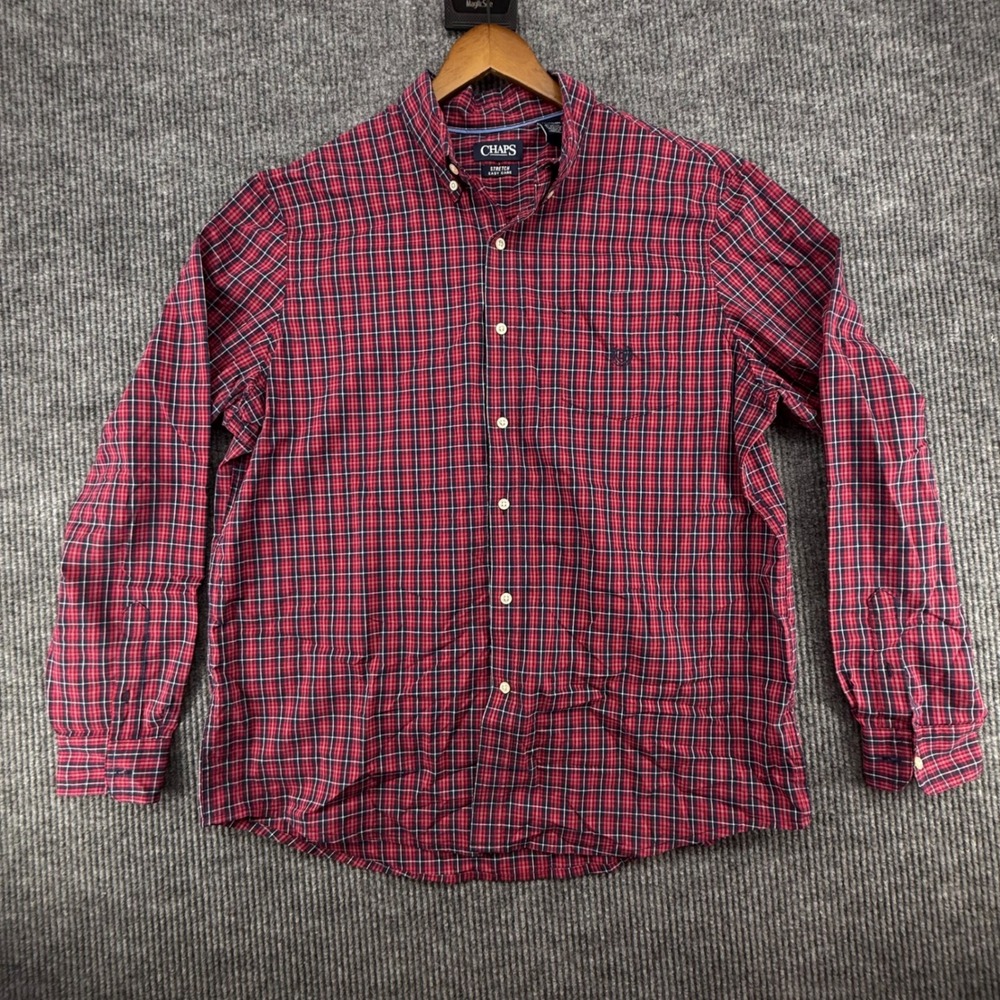 Chaps Button Down Shirt‎ Mens XXL Red Plaid Excellent Stretch Easy Care